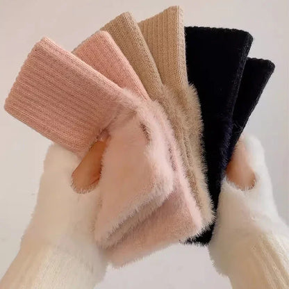 Women's Knitted Fingerless Gloves Touchscreen Thermal Plush Gloves for Autumn Winter Non-Slip Grip