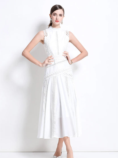 Elegant Women's Sleeveless midi dress Slim 2025 Summer Sky blue Lace patchwork dresses Luxury Black White Vestidos INKEO 5D069