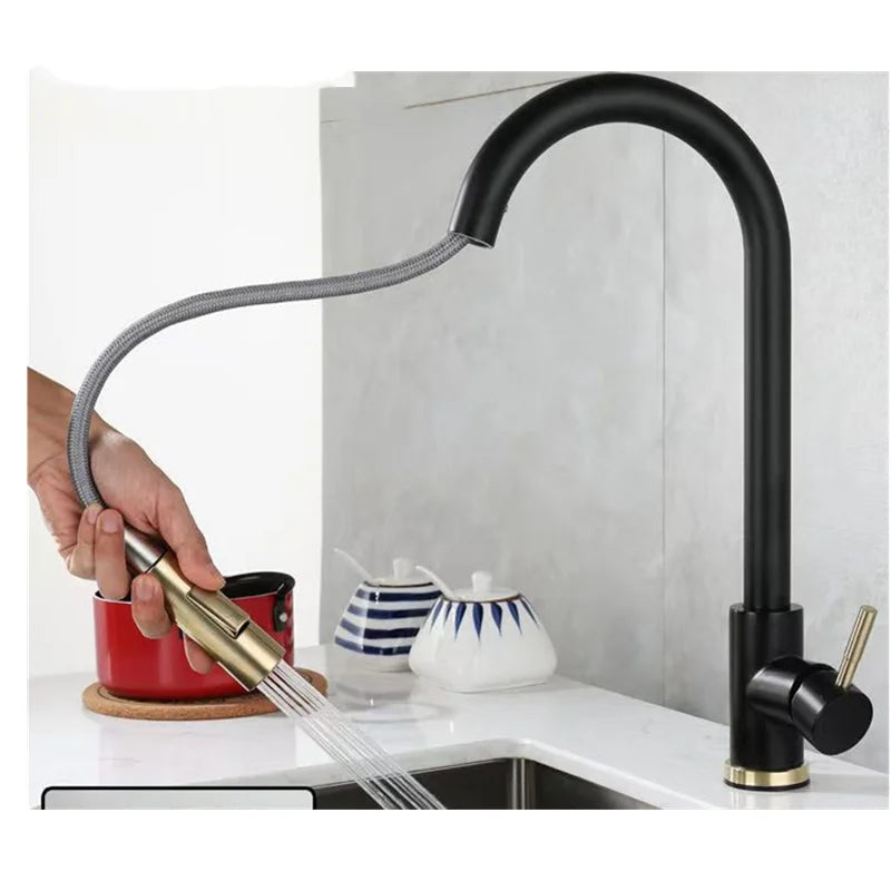 Kitchen Faucet Flexible Pull Out 2 Modes Nozzle Hot Cold Water Mixer Tap Deck Mounted Sprayer and Stream SUS 304 Faucets