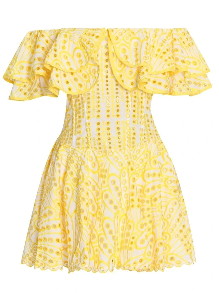 TWOTWINSTYLE Cut Out Mini Dress For Women Slash Neck Short Sleeve High Waist Solid Minimalist Dresses Female Summer Clothing New
