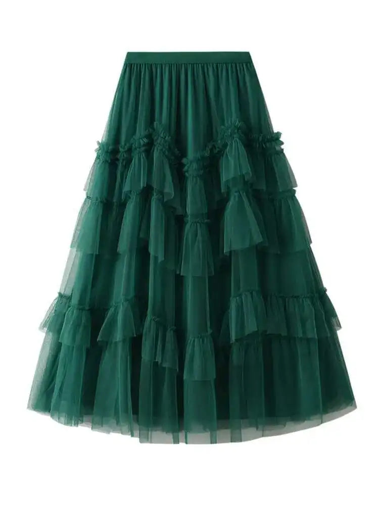 XFPV 2025 Autumn Summer Fashion Elegant Purple Cake Skirt Women Ruffles All-Match Mesh Stitching High Waist Midi Faldas SM1982