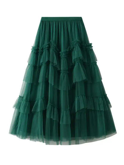 XFPV 2025 Autumn Summer Fashion Elegant Purple Cake Skirt Women Ruffles All-Match Mesh Stitching High Waist Midi Faldas SM1982