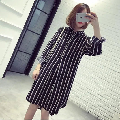 Long Sleeve Striped Printed Shirt Dress Female 2023 Simple All-match Turn-down Collar Fashion Chiffon Dresses Women's Clothing