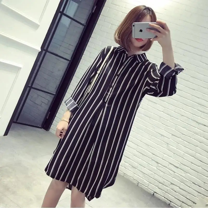 Long Sleeve Striped Printed Shirt Dress Female 2023 Simple All-match Turn-down Collar Fashion Chiffon Dresses Women's Clothing