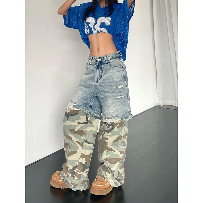 Women Patchwork Baggy Y2k Ripped Jeans Harajuku Aesthetic Denim Trousers Japanese 2000s Style Jean Pants Vintage Trashy Clothes