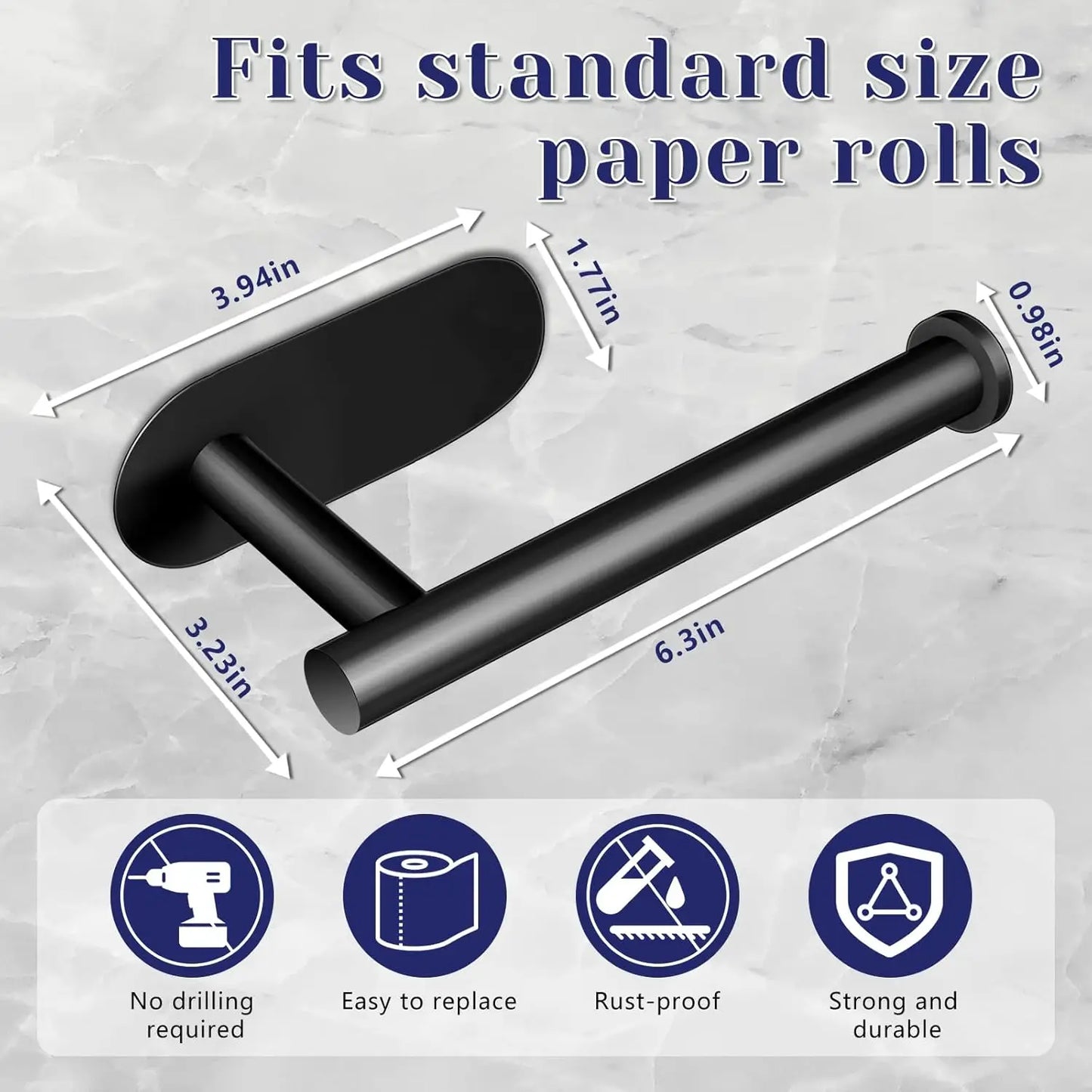 Black No-Drill Toilet Paper Holder - Self-Adhesive Plastic Waterproof for Bathroom & Kitchen
