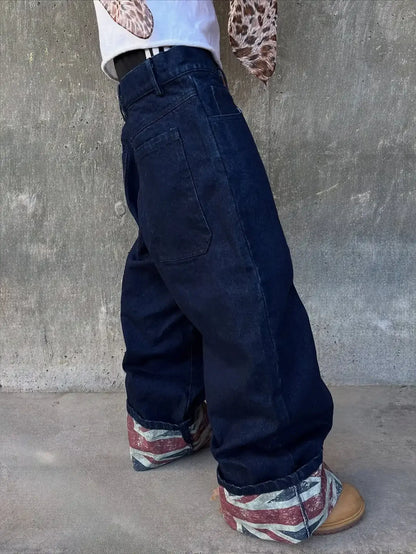 Retro British style print design sense patchwork rolled edge jeans high street casual loose wide-leg straight sports trousers
