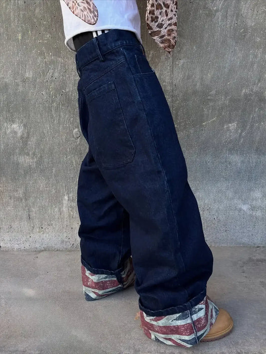 Retro British style print design sense patchwork rolled edge jeans high street casual loose wide-leg straight sports trousers
