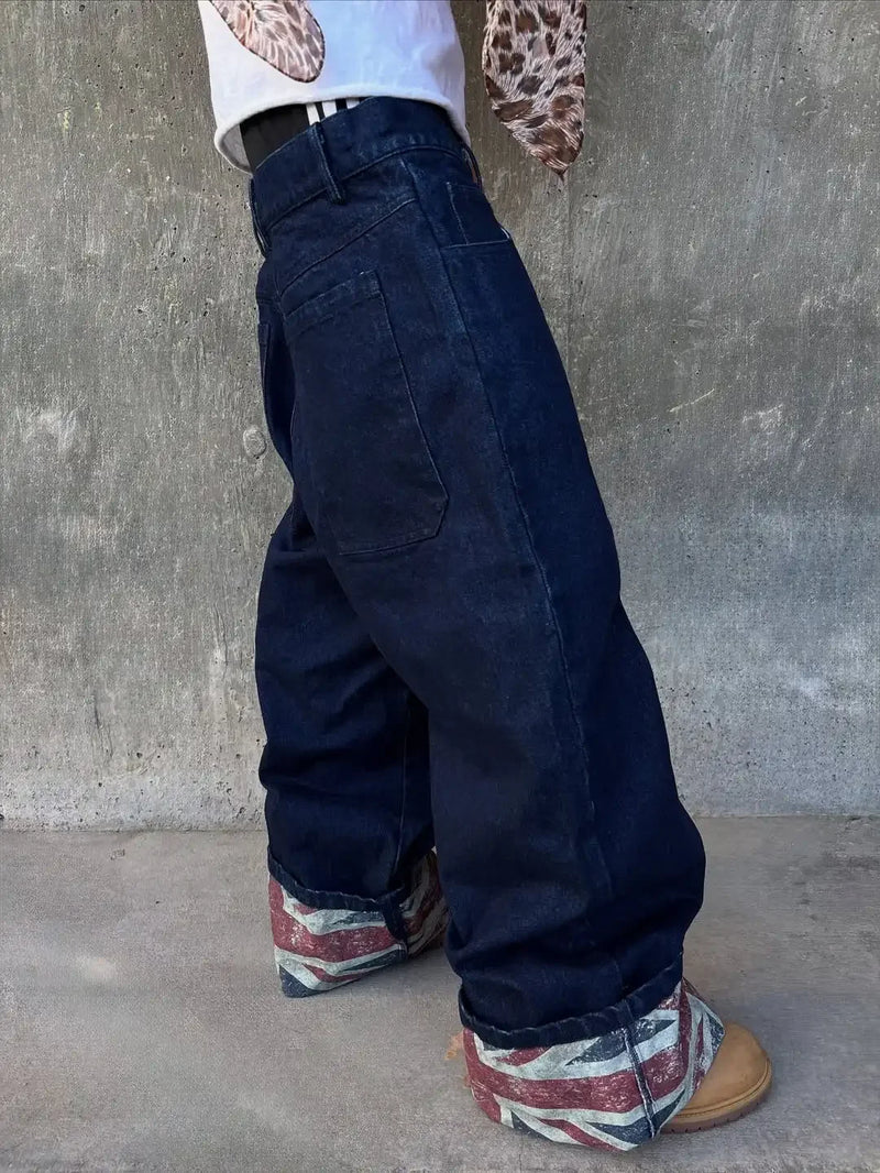 Retro British style print design sense patchwork rolled edge jeans high street casual loose wide-leg straight sports trousers