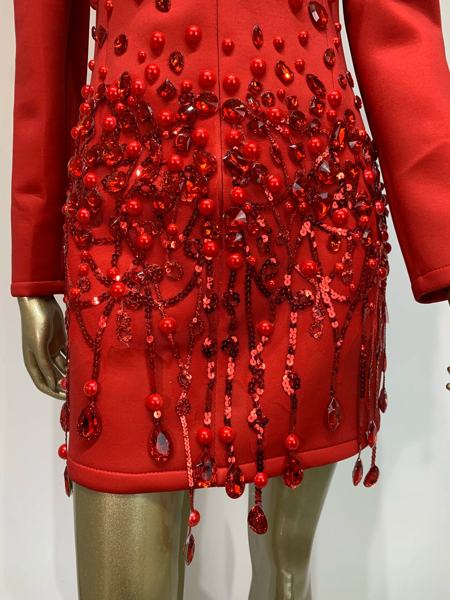 Sparkly Crystal Pearls Long sleeves Mini Dress Red Fashion Luxury Birthday Evening Party Nightclub Outfit Singer Stage Costume ﻿