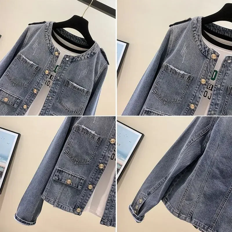 Crew Neck Denim Jacket Long Sleeve Women Single-breasted Retro Korean Fashion Coat Autumn Short Tops Casual Chic Cardigan