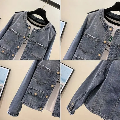 Crew Neck Denim Jacket Long Sleeve Women Single-breasted Retro Korean Fashion Coat Autumn Short Tops Casual Chic Cardigan