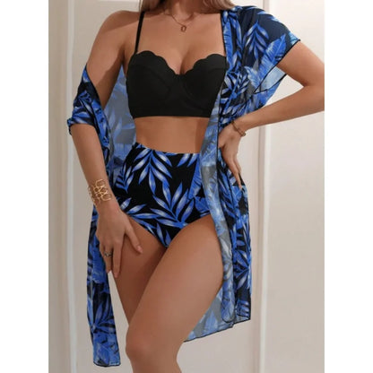 Elegant Printing 3 Piece Bikini Set Women Swimsuit Vintage High Waist Bikini Mesh Cover Up 2025 New Bathing Suit Biquini Female