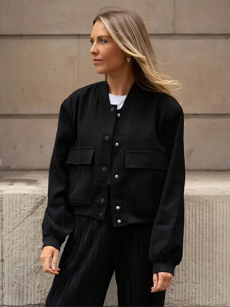 HH Women Casual Solid Bomber Jackets Fashion Long Sleeve Buttons Crop Coats Pockets Female 2025 Autumn Elegant Outerwear