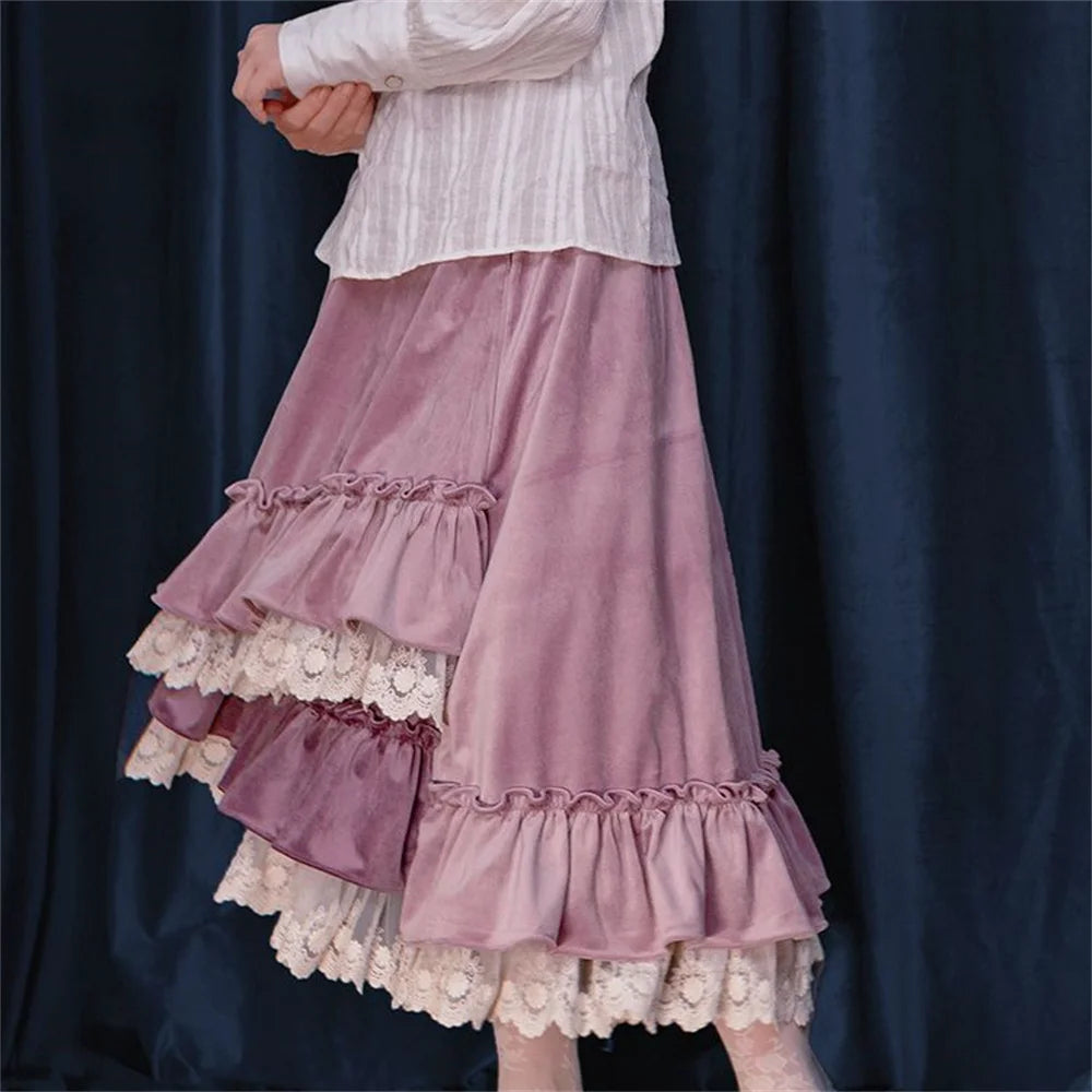 Vintage Japanese Style Girl Lace Spliced Purple Ruffled Women Skirts High Waist A-line Irregular Loose Thicken Sweet Long Skirts