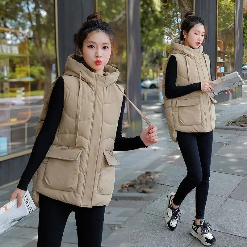 Women Hooded Vest autumn Winter new Fashion Padded Down Cotton Waistcoat thick Warm sleeveless jacket Female Loose Outwear T580