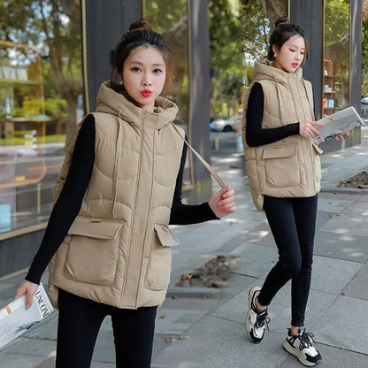 Women Hooded Vest autumn Winter new Fashion Padded Down Cotton Waistcoat thick Warm sleeveless jacket Female Loose Outwear T580