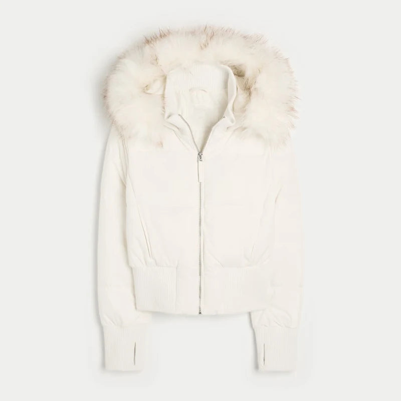 Fashion Faux Fur Hooded Quilted Coat For Women Casual Full Sleeve Zipper Pocket Cropped Jacket Lady 2025 Winter Street Outerwear