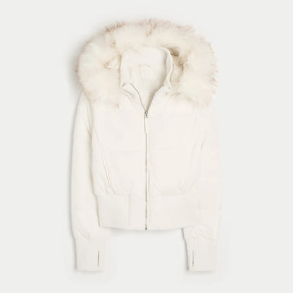 Fashion Faux Fur Hooded Quilted Coat For Women Casual Full Sleeve Zipper Pocket Cropped Jacket Lady 2025 Winter Street Outerwear
