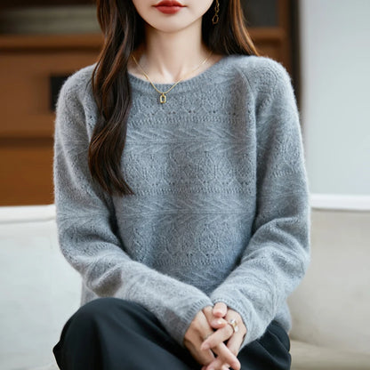 New Arrival Women's Hollow Out 100% Wool Knitted Sweater Round Neck Long Sleeve Slim Fit Breathable Pullover Versatile Daily Top