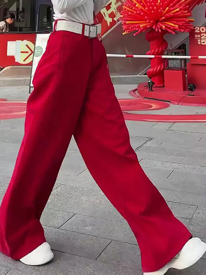 Retro Red High Waist Wide Leg Jeans For Women 2025 New Style Loose Casual Full-Length Denim Pants No Belt Trendy Autumn Winter