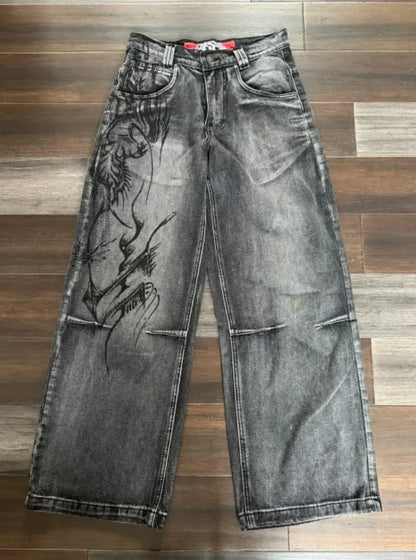 Y2K Gothic Retro Miss Me Boot Cut Jeans Women's Blue Denim Embroidery Cross Pocket Hip Hop Harajuku Wide Pants Street Wear