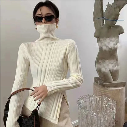 Turtleneck Women Sweater 2021 Autumn Winter New Side Slit Pullover Tops Korean Fashion Knit Sweaters Long Flare Sleeve Basic