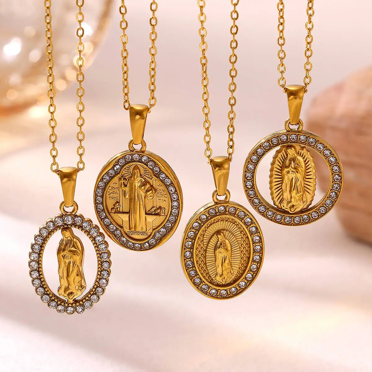 Virgin Mary Pendant With Diamonds Necklace For Women Gold Color Medal Charm Stainless Steel Religious Punk Jewelry Easter Gift