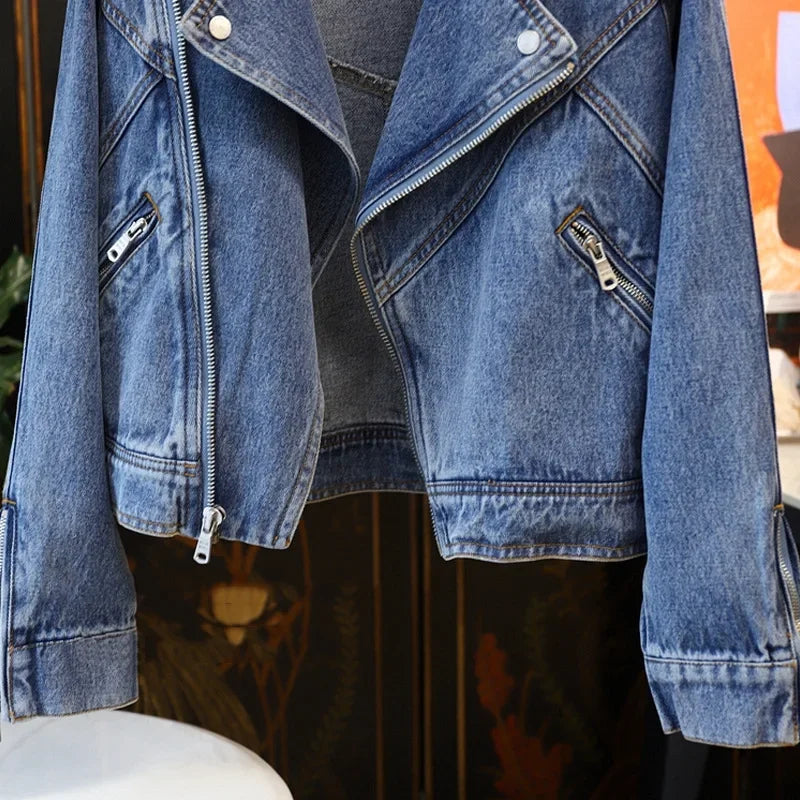 Spring Autumn Women Denim Jacket Casual Lady Moto Biker Coat Vintage Lapel Zipper Jacket