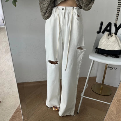Loose Wide Leg Jeans Women's High Waist Straight Leg Long Pants Torn Design Versatile Casual Spring Faion Blue Denim