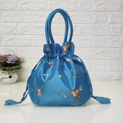 Elegant Ethnic Style Cosmetic Handbag Women Flower Handbags Embroidered Flower Small Bucket Bag National Style Purse Jewelry Bag