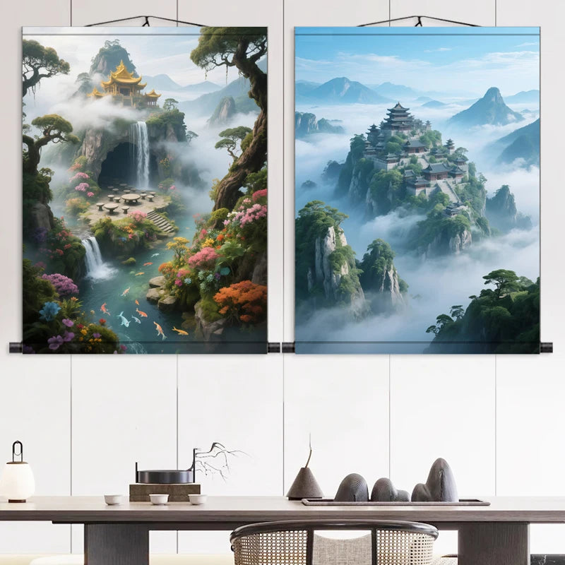Landscape Painting, Living Room Corridor Background Wall Silk Scroll Painting Aesthetic Room Decor Wall Decoration Tapestry