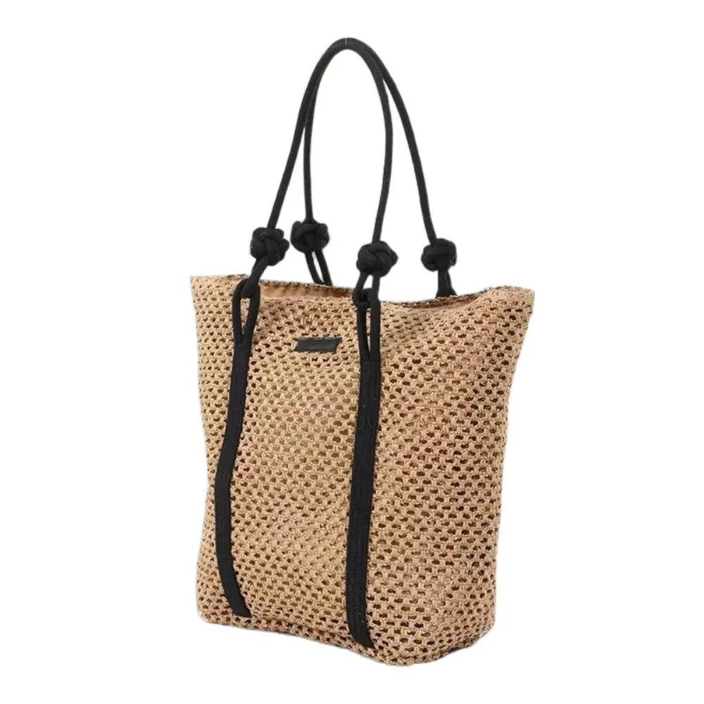 Handmade Straw Woven Bags Large Capacity Zipper Closure Shopping Tote Bag Top-Handle Portable Beach Handbags Travel