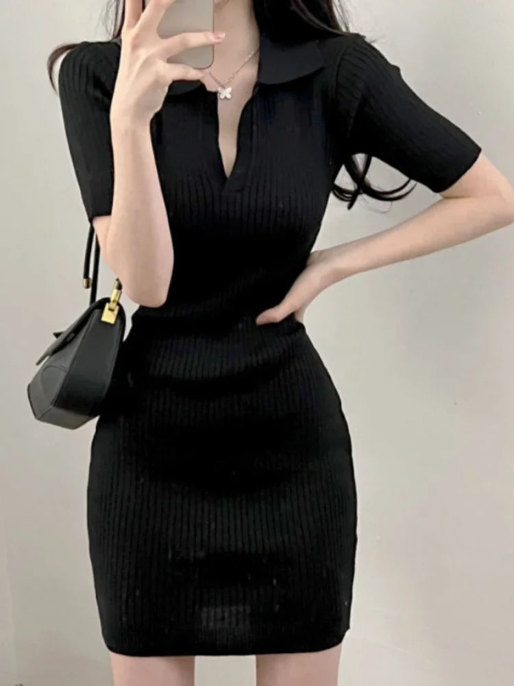 Short Sleeve Dress Women Slim Knitting Female Clothes Summer Streetwear Vacation Casual Soft Sweet Basic Ulzzang Vestidos