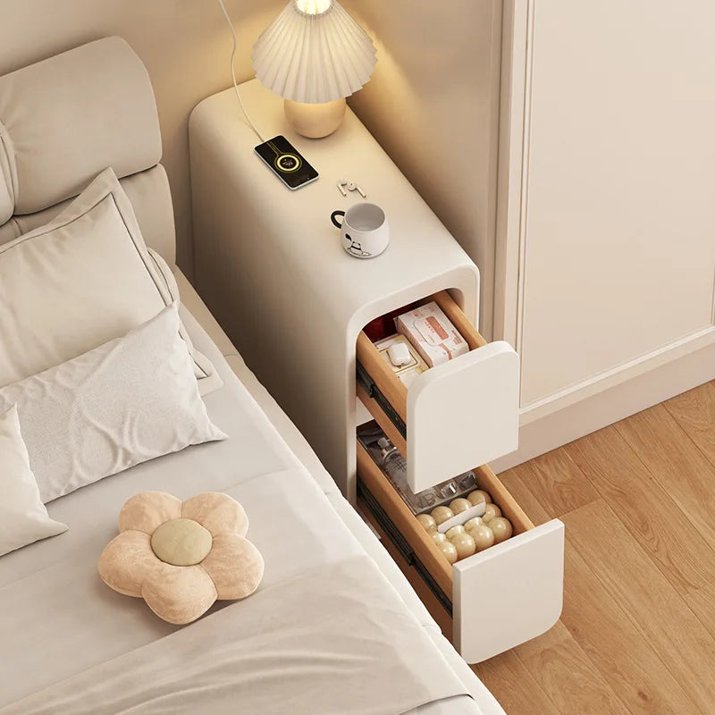 Solid Wood Bedside Table with 2 Drawers No-Leg Design Small Nightstand for Bedroom Minimalist Narrow Storage Cabinet