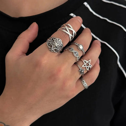 Ingemark 7Pcs/Set Goth Hollow Star Open Rings for Men New Trend Hip Hop Adjustable Finger Rings Grunge Jewelry Steampunk Gift