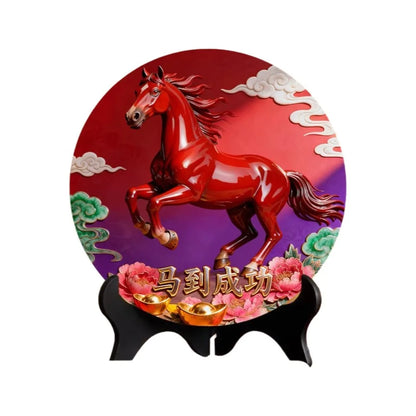 Horse Year Decorative Paintings Ornament Round Good Luck Desktop Ornament Wooden Funny Home Decor Ornament TV Cabinets