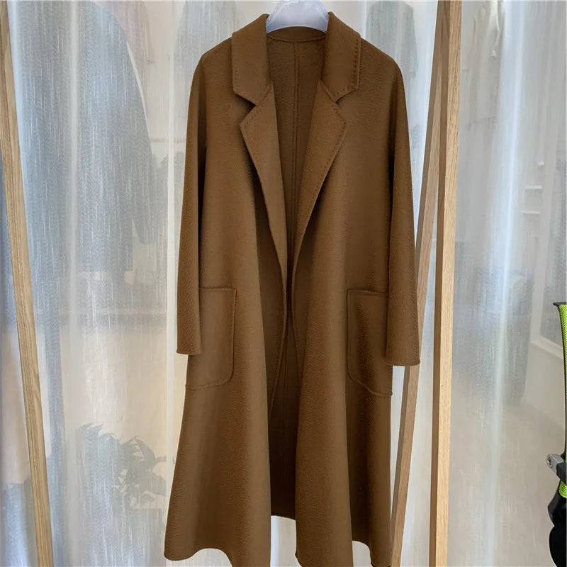 2023 Korean Women Handmade Corrugated Water Ripples Coat Double-sided Cashmere Wool Long Woolen Jacket Cashmere Coat Outerwear
