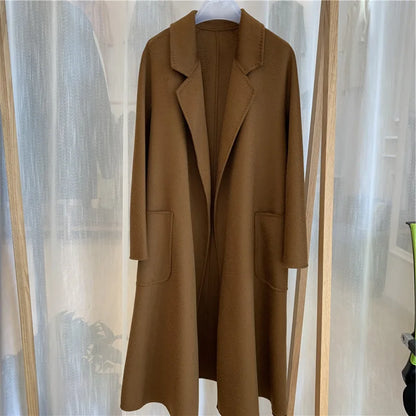 2023 Korean Women Handmade Corrugated Water Ripples Coat Double-sided Cashmere Wool Long Woolen Jacket Cashmere Coat Outerwear