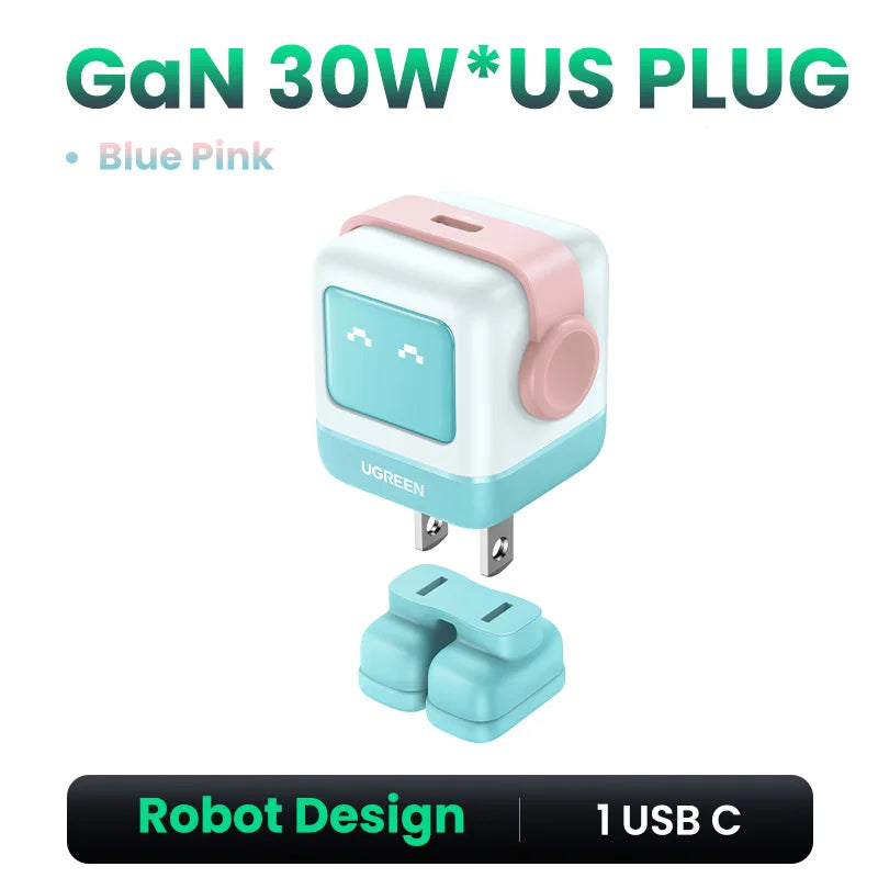 【US-Stecker】UGREEN 65W 30W GaN-Ladegerät im Roboter-Design mit PD3.0-Schnellladefunktion, QC4.0, 3.0 und PPS für iPhone 17, 16, 15 Pro, MacBook, Laptop und Tablet