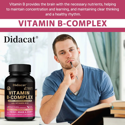 Vitamin B Complex for Men & Women - Riboflavin B2,B12,B1,B3,B5,B6,B7,B8,B9,Vitamin C, Choline, Inositol - Brain & Heart Support