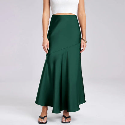 Fishtail Maxi Skirt Elegant Faux Silk Satin Skirts for Women High Waist A-line Office Lady Skirt Solid Color Glossy Finish W6681