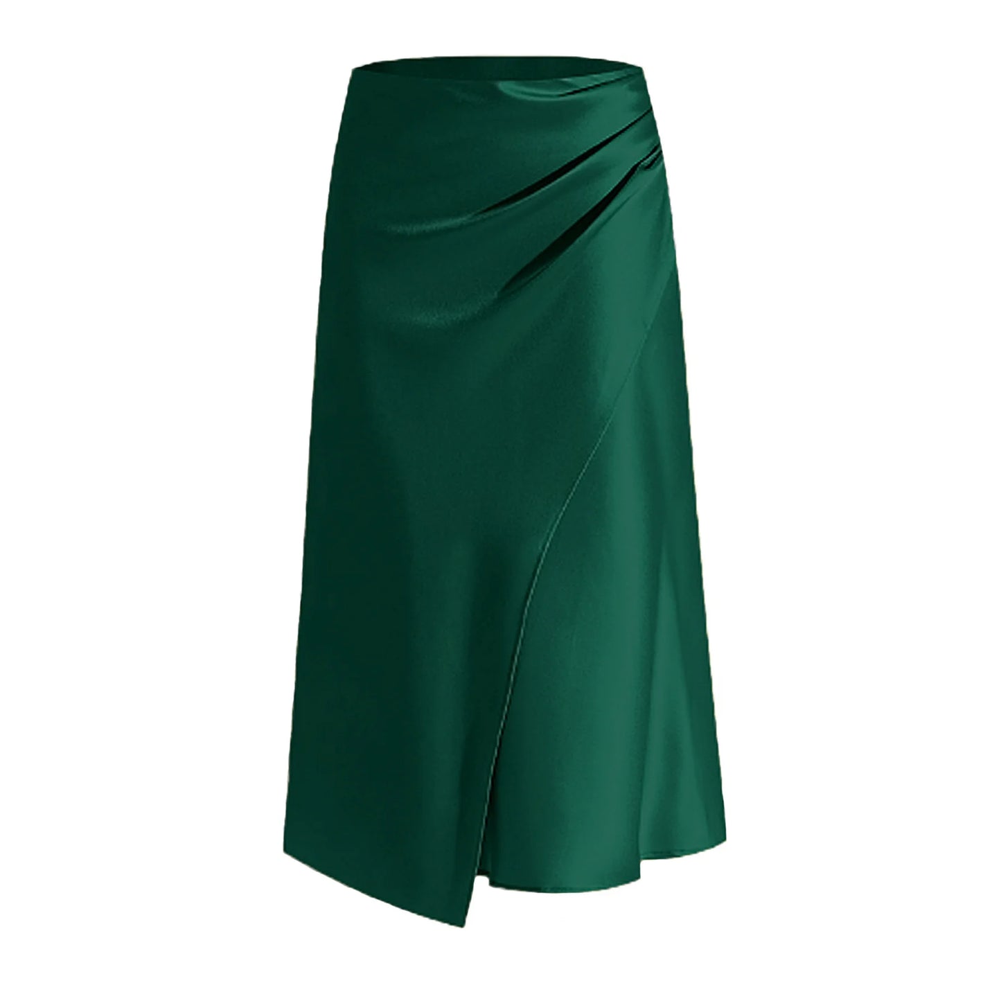 New In 2025 Women's Summer High Waist Satin Pleated Split Green Long Skirt Solid Color Zipper Office Lady Party Elegant Skirts
