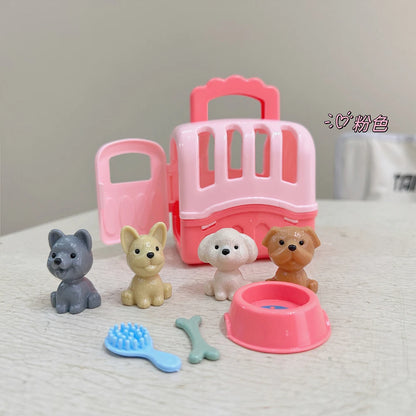 Cute Dog Pet Basket Family Toys Dog Doll Set Dog Cage Toys Scene Playing Toys Christmas Decoration Kids Pretend Play Gifts