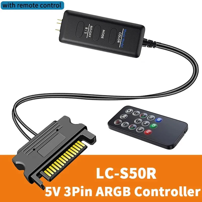 TEUCER  LC-S60 ARGB Controller Cable 5V 3PIN to SATA Interface Extension Controller with Remote Control for PC Cooling Fan