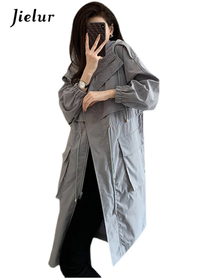 Jielur New Loose Women's Trench Coat autumn Solid Color Hooded Casual Straight Elegant Female Trench Chic Pockets Zipper Coat
