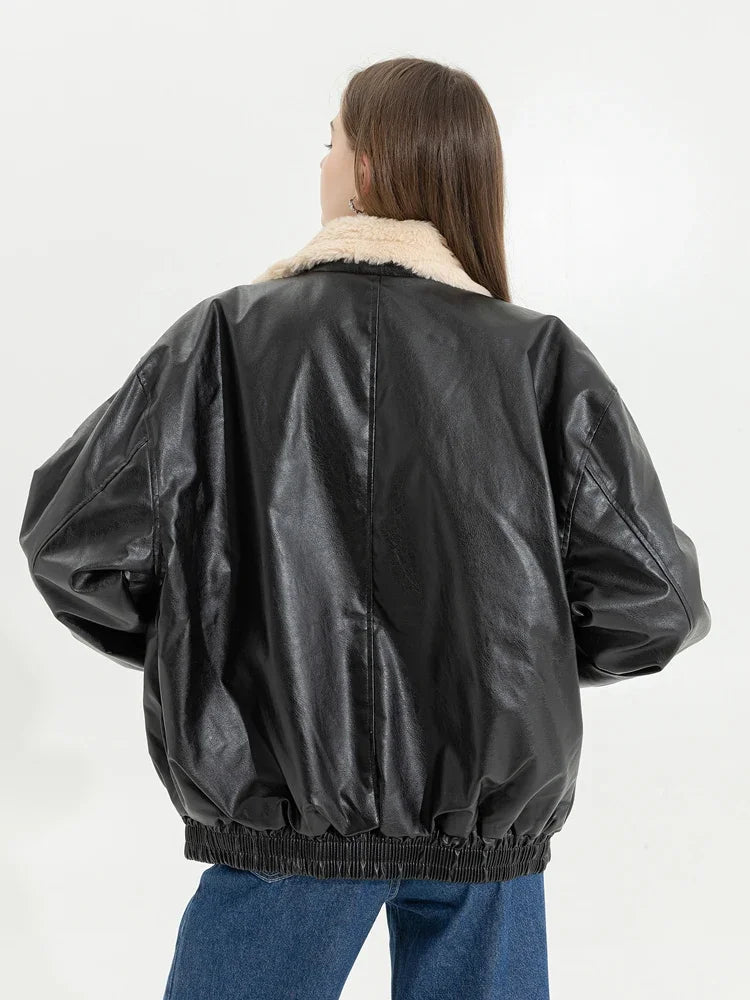 Retro Gothic Brown Plush Fur Leather Jacket Women Fashion Classic Vintage Autumn And Winter Zipper Casual Motorcycle Jacket