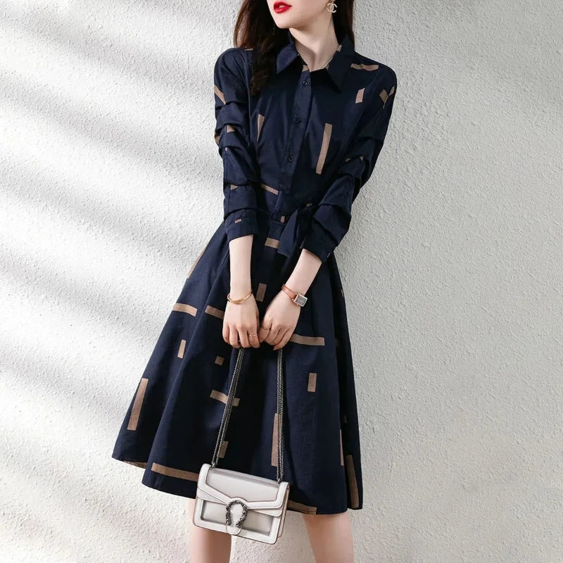 Simplicity Fashion Spring Shirt Dresses Women Lapel Geometric Print Button Belt Korean Office Lady Long Sleeve Slim Midi Dress