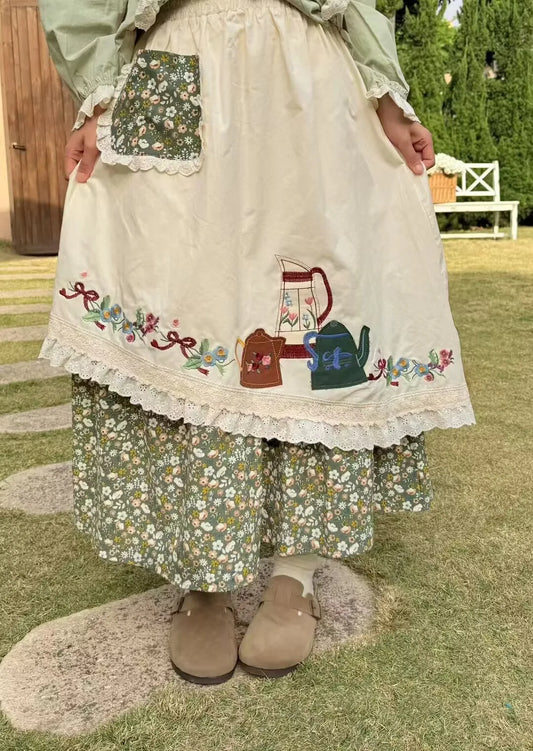 Japanese Mori Girl Spring Sweet Patchwork Lace Elastic Waist A- Line Skirt Vintage Embroidery Cotton Skirt Jupe Femme Faldas