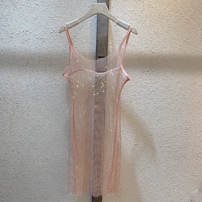2024Spring and Summer Sparkling Bright Diamond Glitter Halter Dress Hollow Out See-through Celebrity Sexy Backless Halter Dress